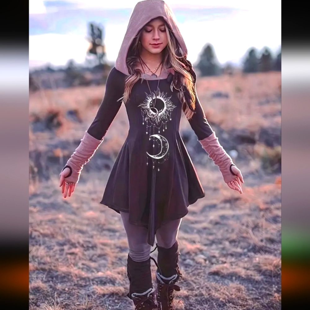 Womens large vintage gothic style Hooded dress-Black,pinkish,grey